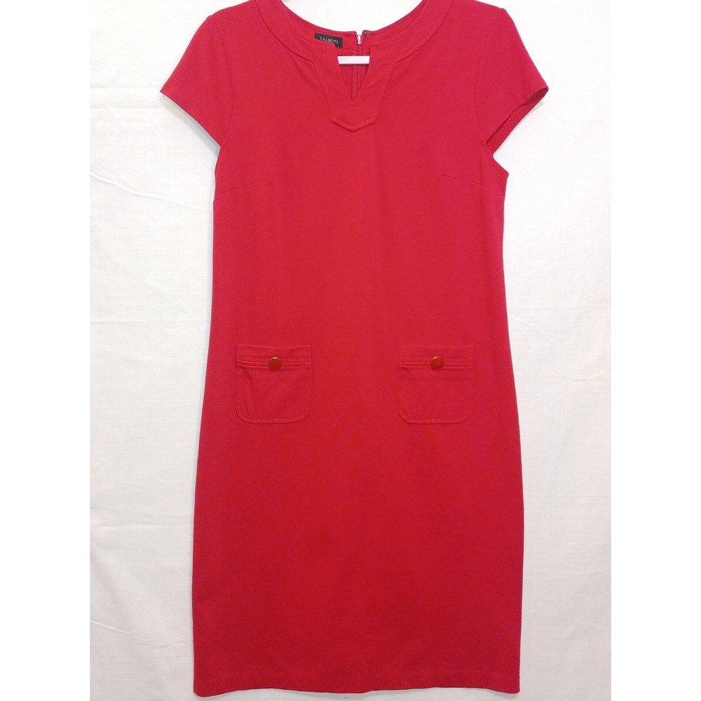 Talbots Shift Dress Sz‎ 6 Red V- Neck Cap Sleeve Knit Stretch Pockets Zipper